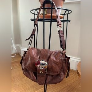 Miu Miu brown leather buckle flap shoulder bag with tiny rose detail
